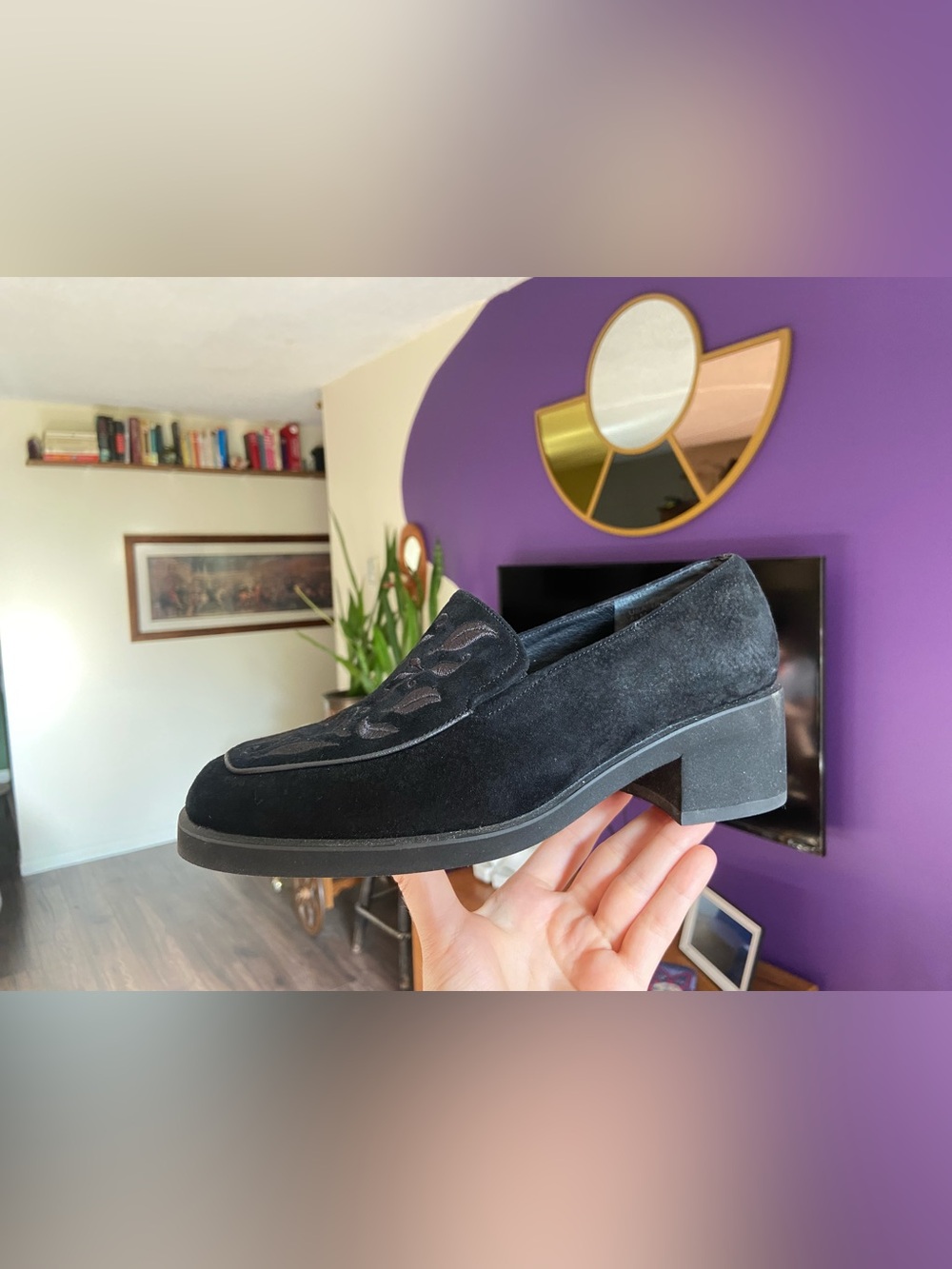 Hush Puppies Black Suede and Leather Floral Loafers, EU 39